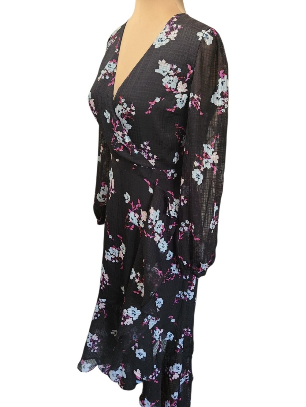 BANANA REPUBLIC Floral Print High Low Faux Wrap Midi Dress - Size 12 - Picture 6 of 16
